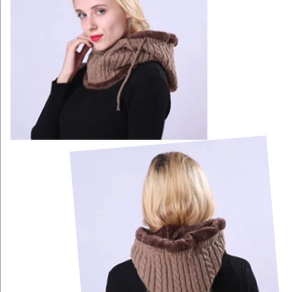 New Winter Unisex Knit Hoodies Scarf With Fur Hats, light brown - Picture 8 of 10